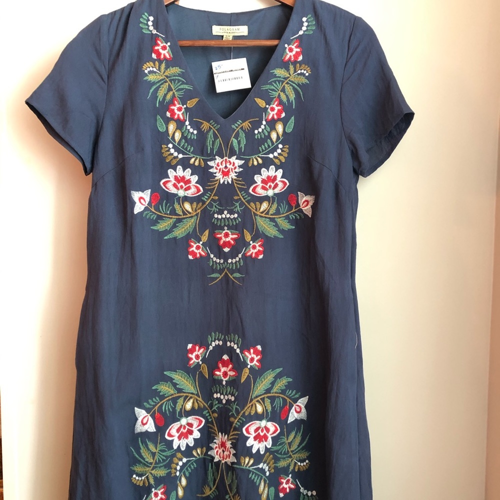 NWT Embroidered Navy Dress with Pockets